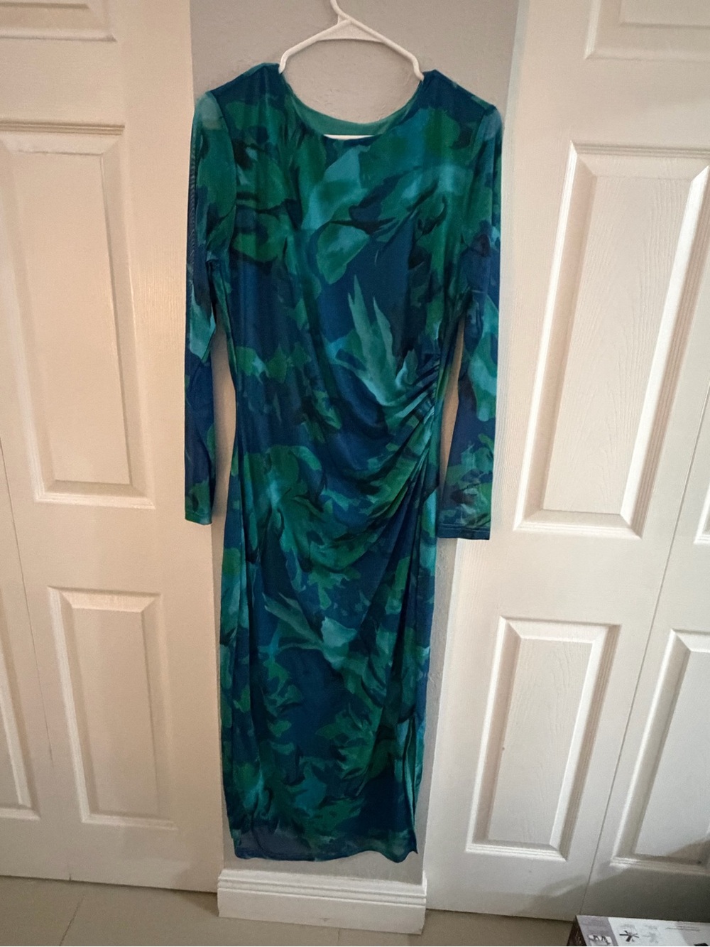 Long Sleeve Green & Teal Maxi Dress with Side Ruching